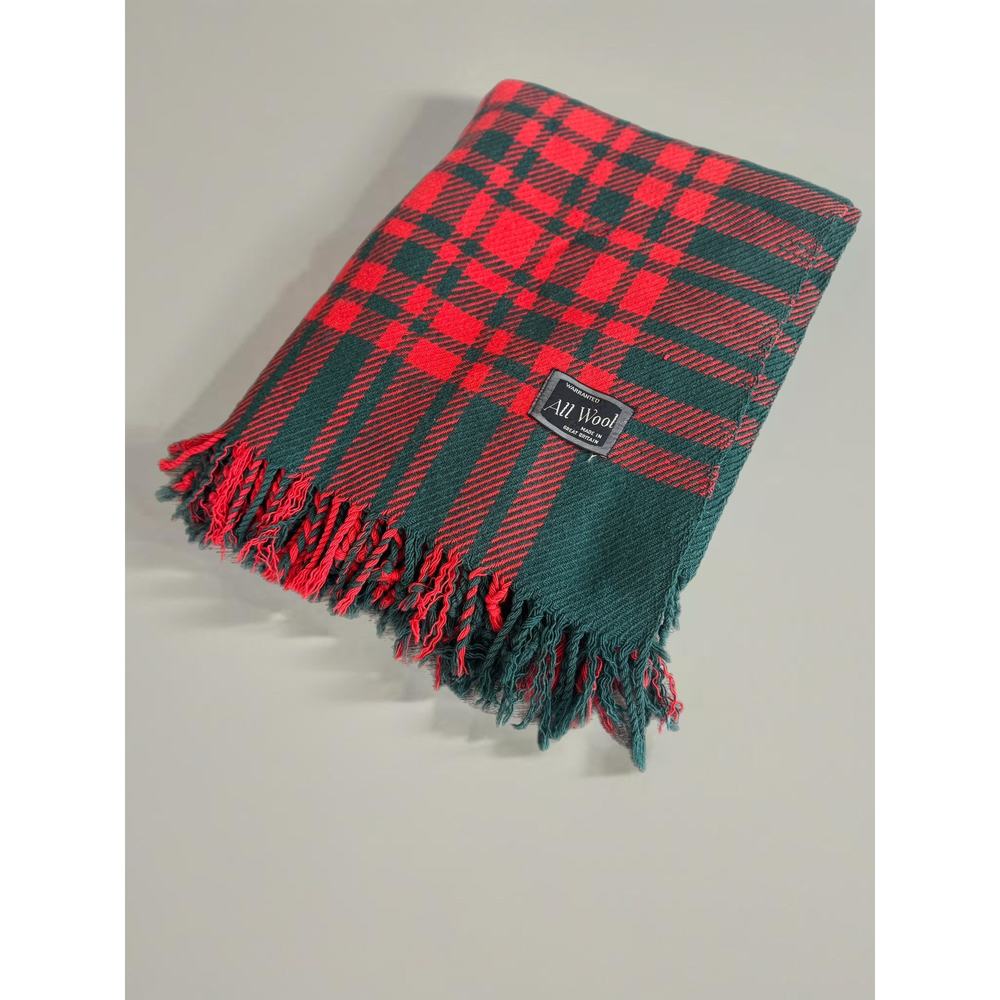 VTG All Wool Blanket Tartan Plaid Ralph Lauren Style Fringed Britain Red Green
